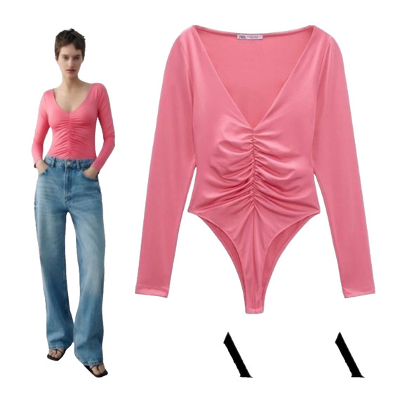 NWT Zara Ruched Effect Long Sleeve Thong Bodysuit Bright Pink Small‎ Barbiecore - Picture 1 of 10
